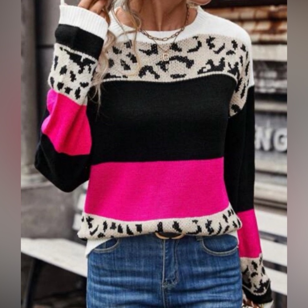 SHEIN Animal Leopard Print Colorblock Sweater - Black, Pink, and Tan, Medium